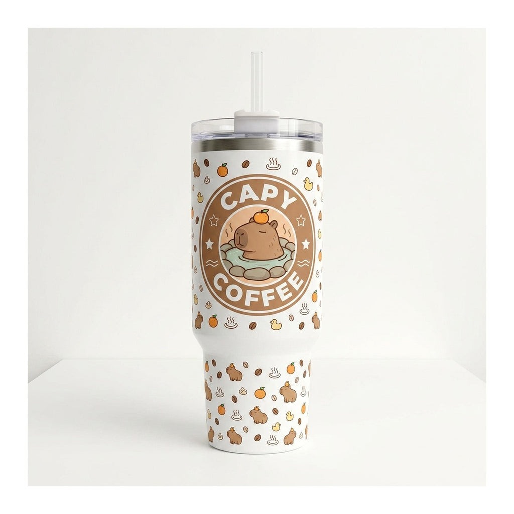 Vaso térmico tumbler 40 oz Capibara Coffee con asa y bombilla