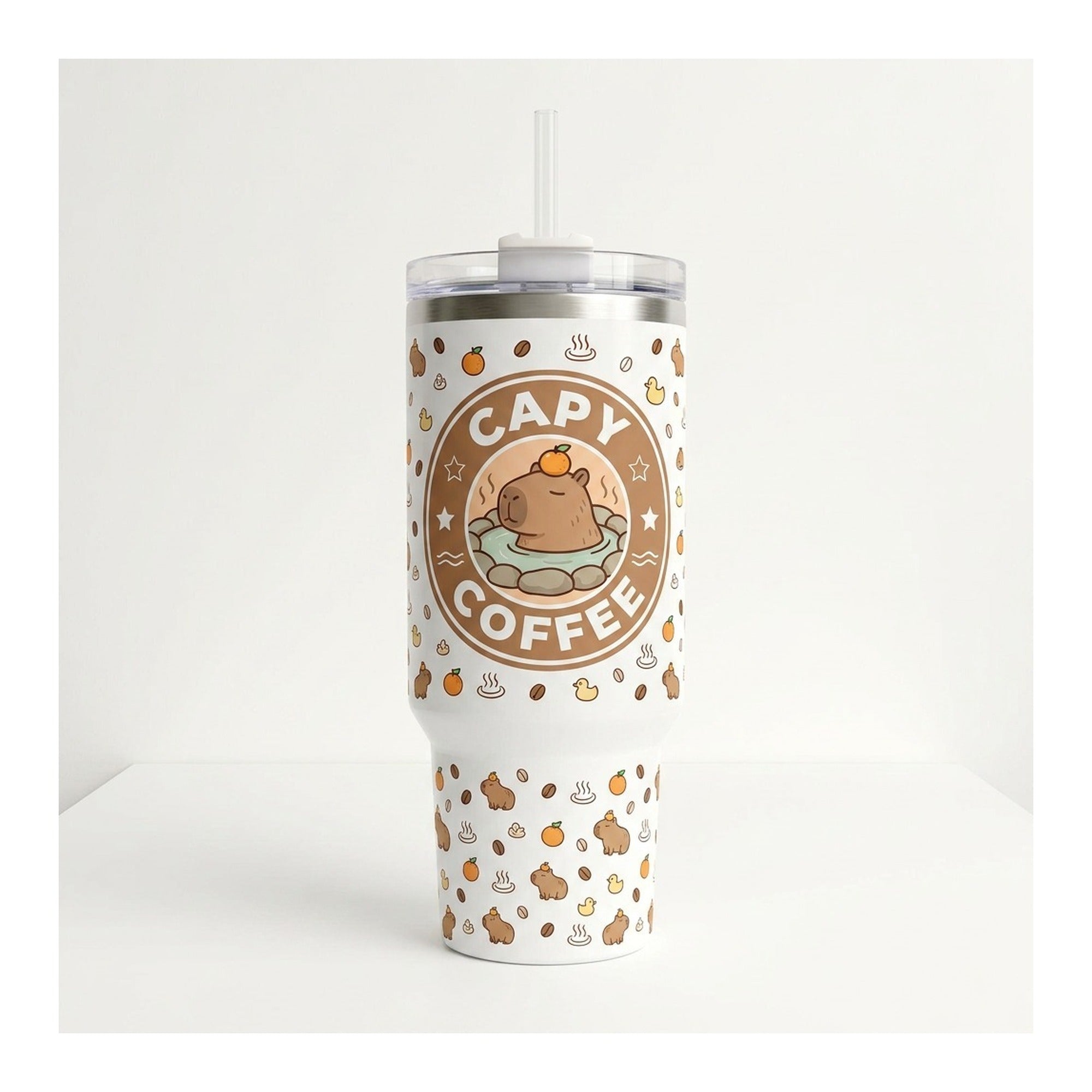 Vaso térmico tumbler 40 oz Capibara Coffee con asa y bombilla