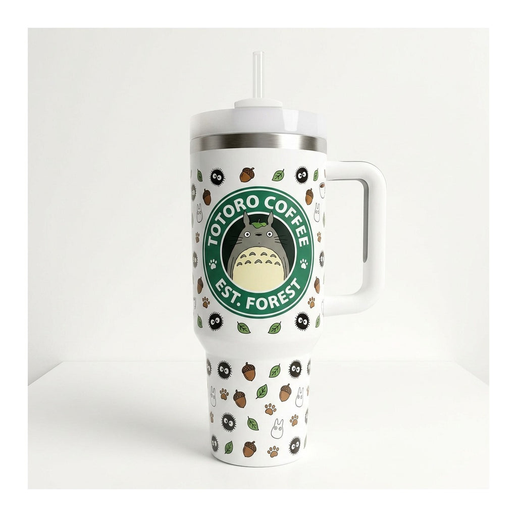 Vaso térmico tumbler 40 oz Totoro Coffee con asa y bombilla