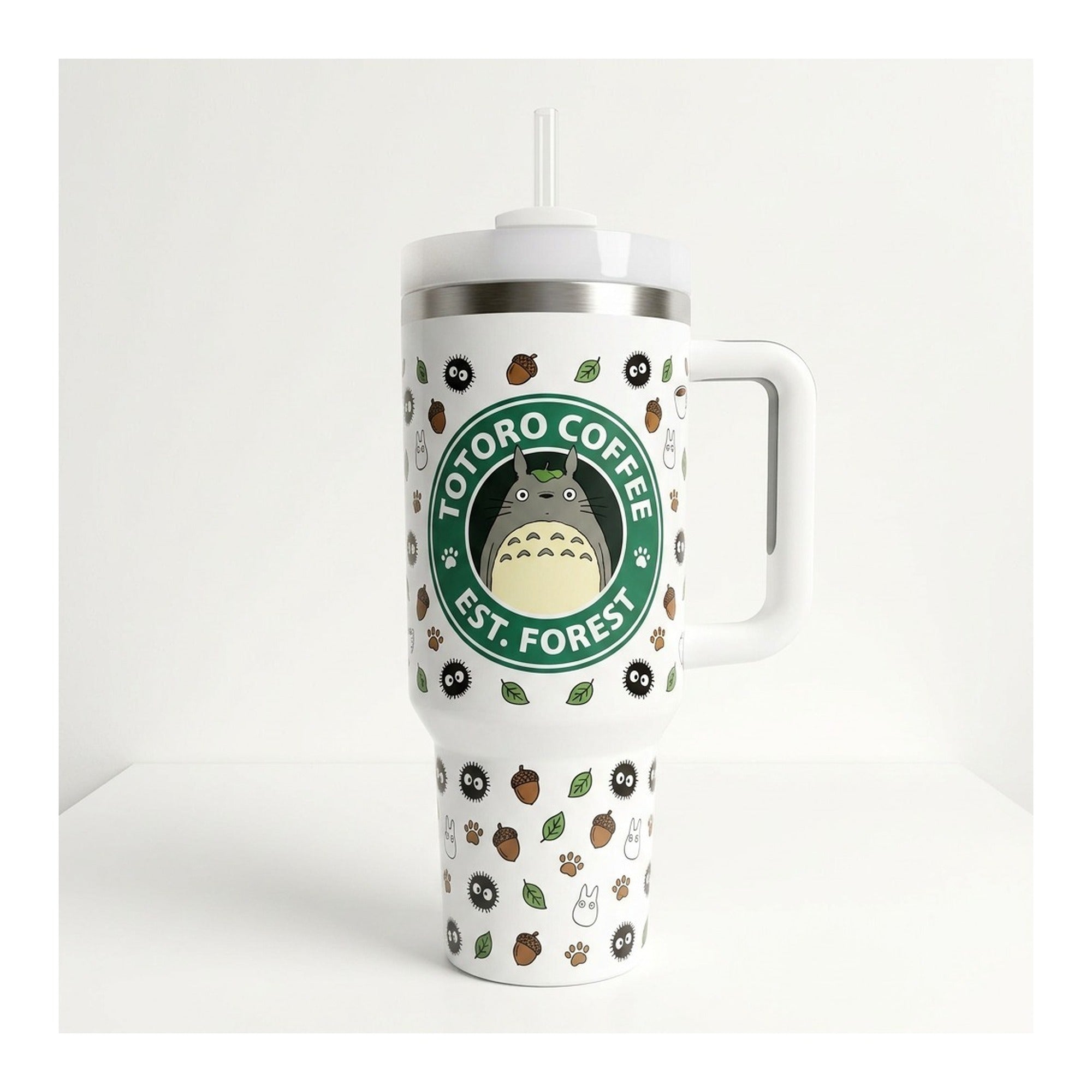 Vaso térmico tumbler 40 oz Totoro Coffee con asa y bombilla