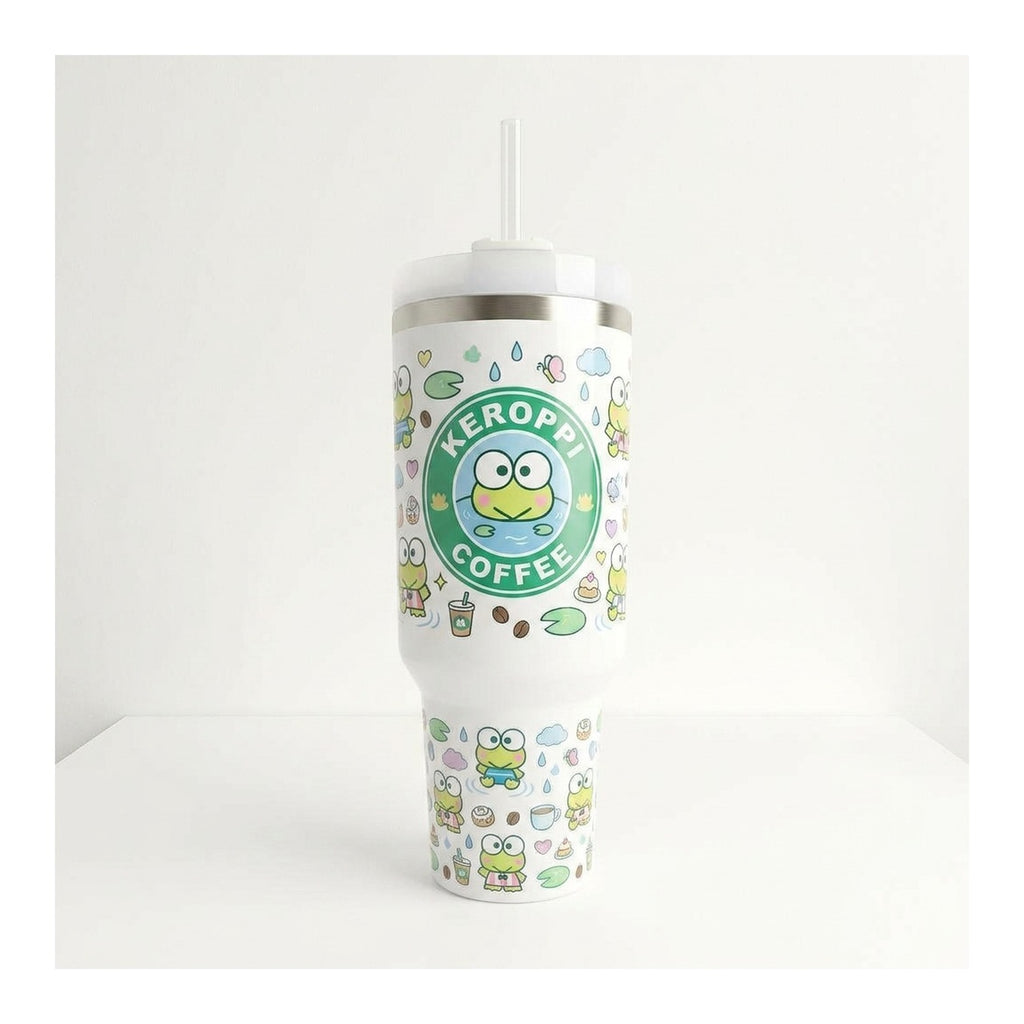 Vaso térmico tumbler 40 oz Keroppi Coffee con asa y bombilla