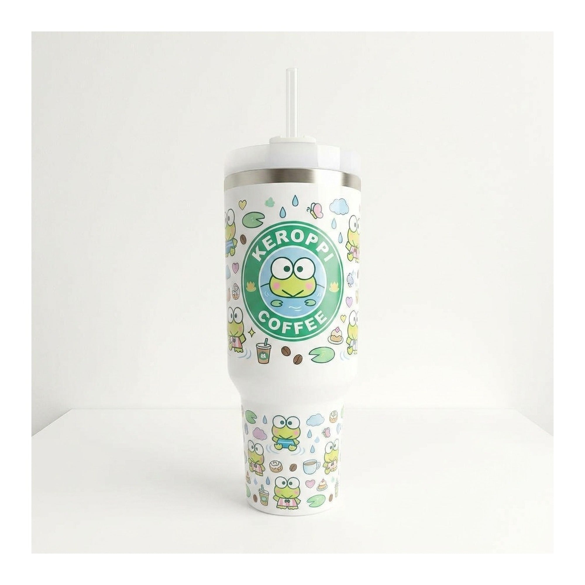 Vaso térmico tumbler 40 oz Keroppi Coffee con asa y bombilla