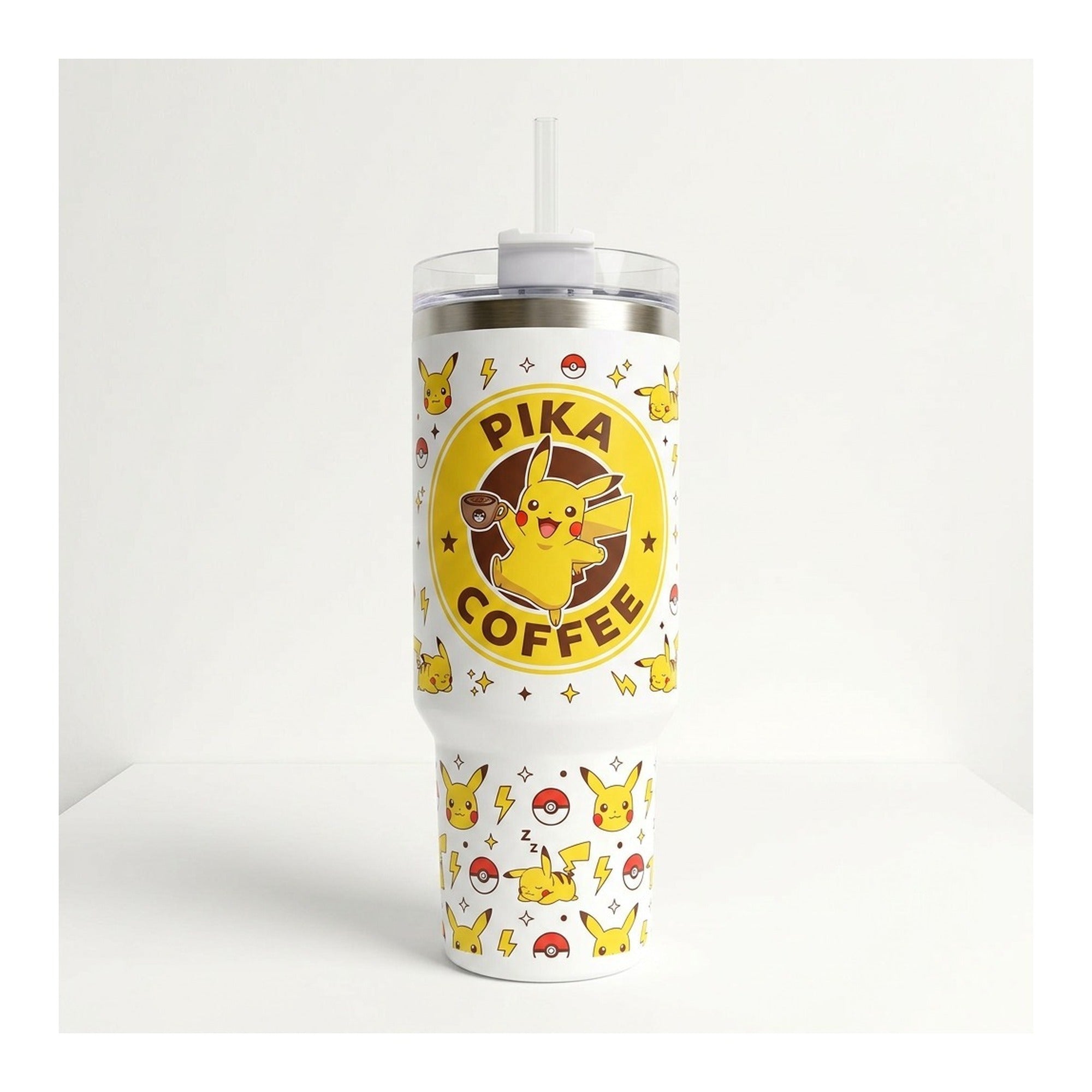 Vaso térmico tumbler 40 oz Pikachu Coffee con asa y bombilla