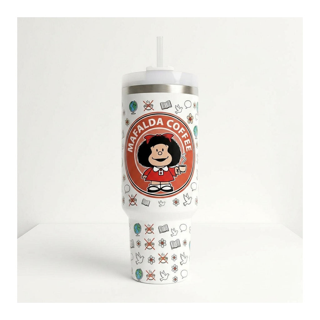 Vaso térmico tumbler 40 oz Mafalda Coffee con asa y bombilla