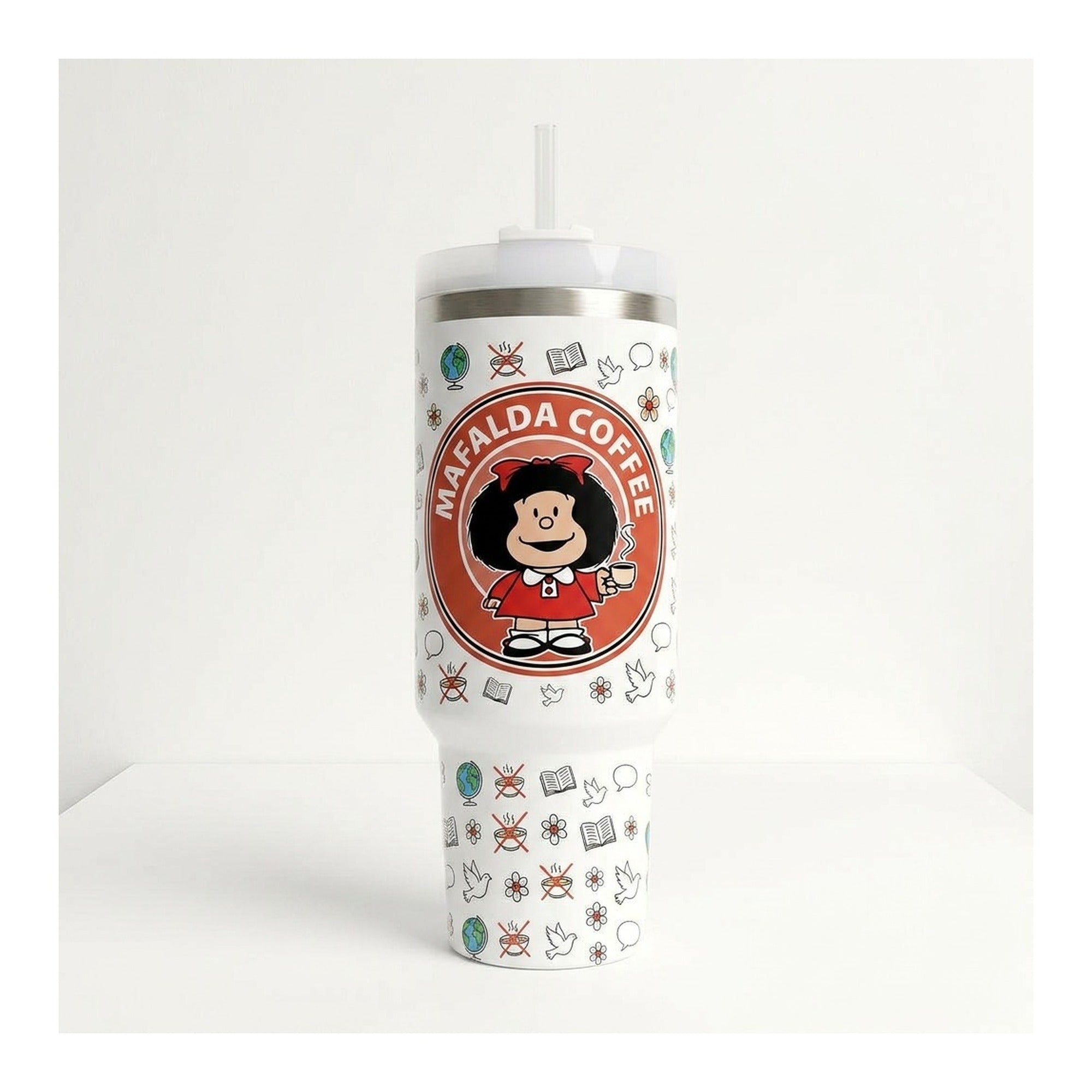 Vaso térmico tumbler 40 oz Mafalda Coffee con asa y bombilla