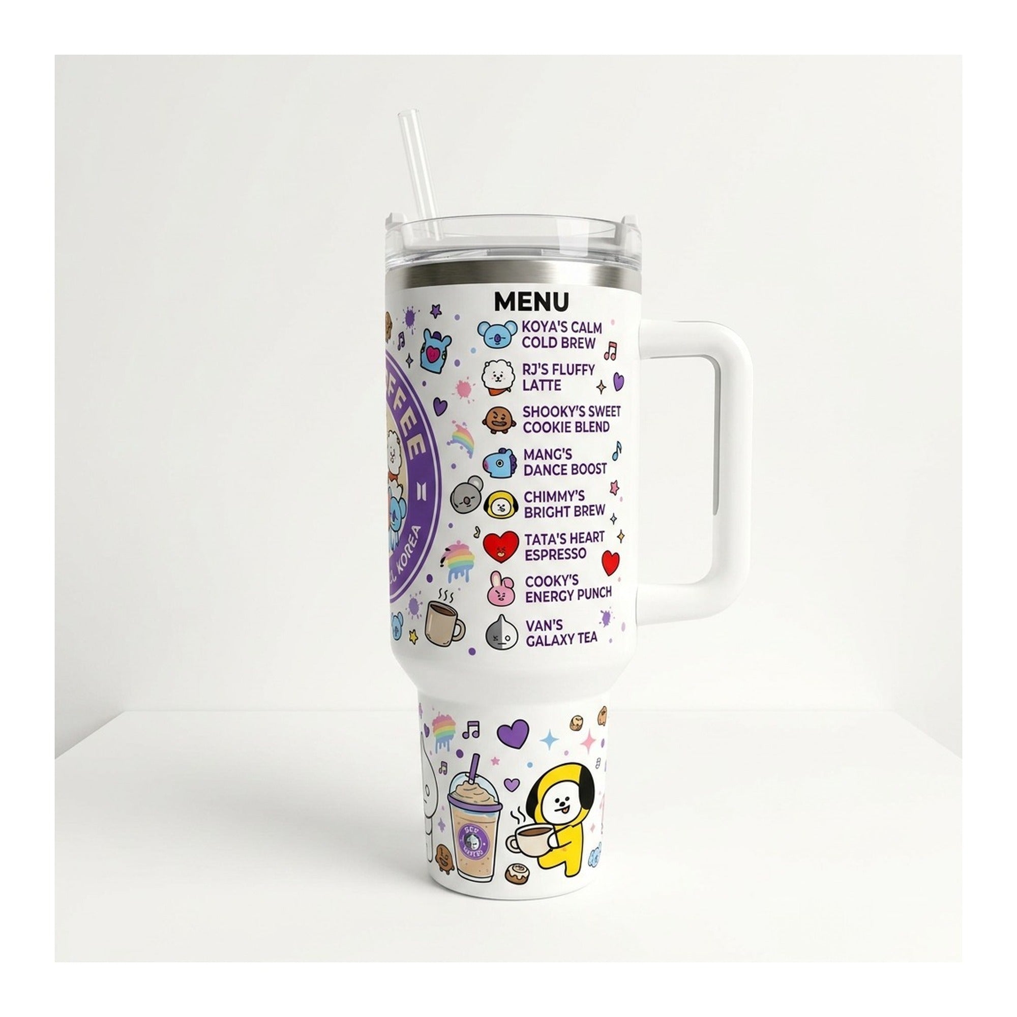 Vaso térmico tumbler 40 oz BT21 Coffee con asa y bombilla
