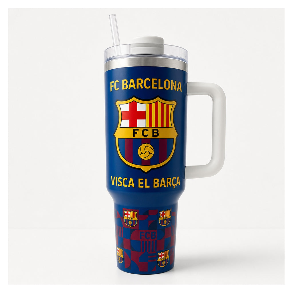 vaso térmico fc barcelona azul 500 ml con tapa y bombilla