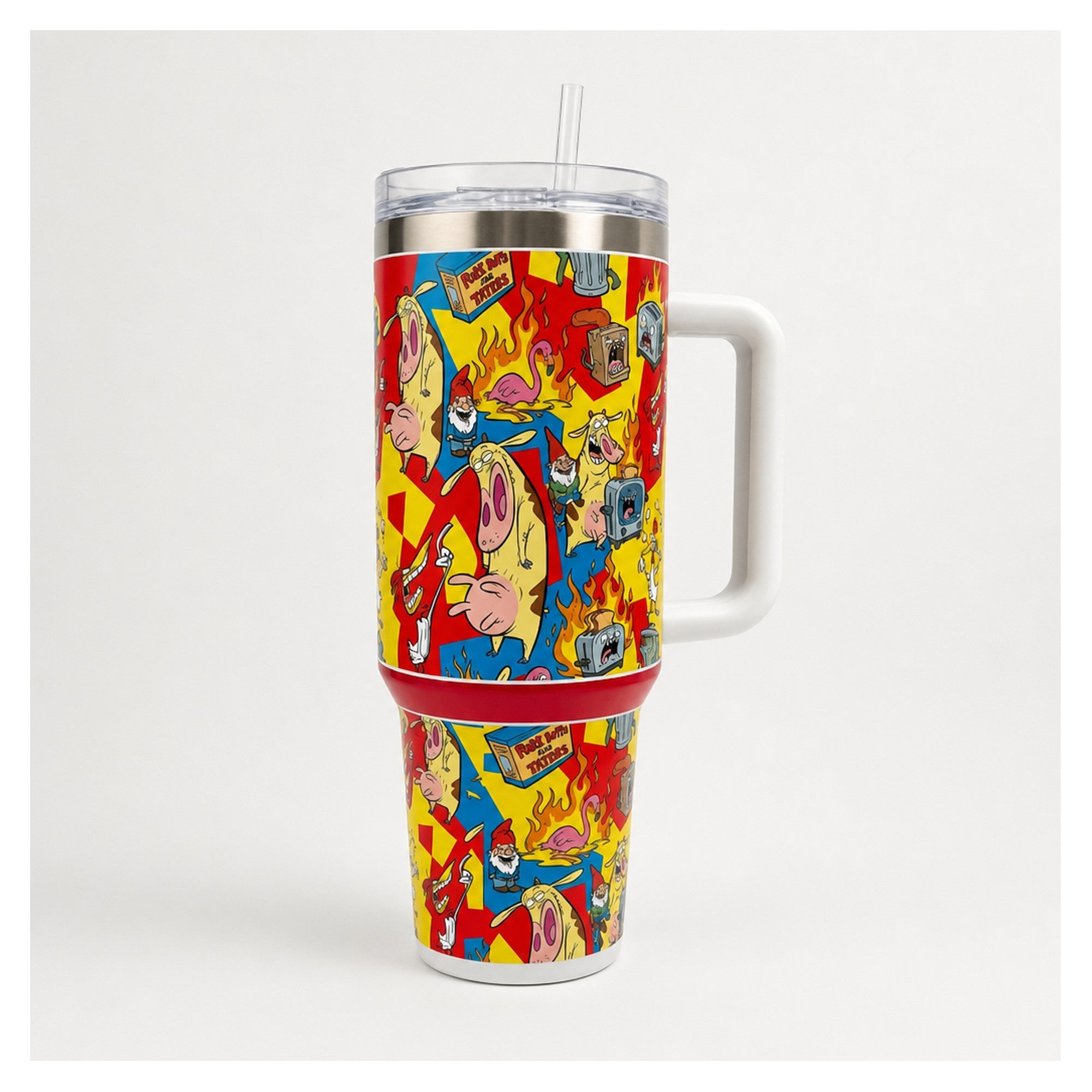 Tumbler La Vaca y El Pollito 40oz diseño fuego retro