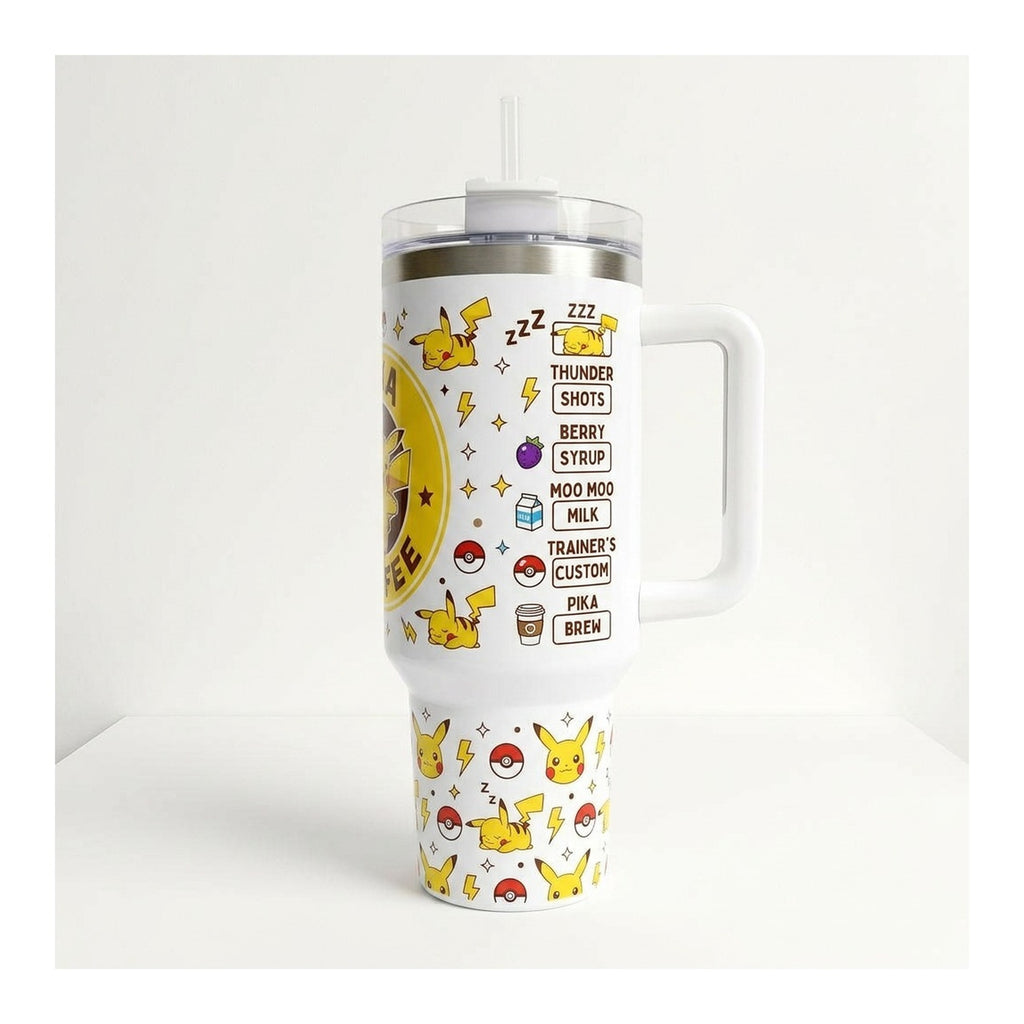 Vaso térmico tumbler 40 oz Pikachu Coffee con asa y bombilla