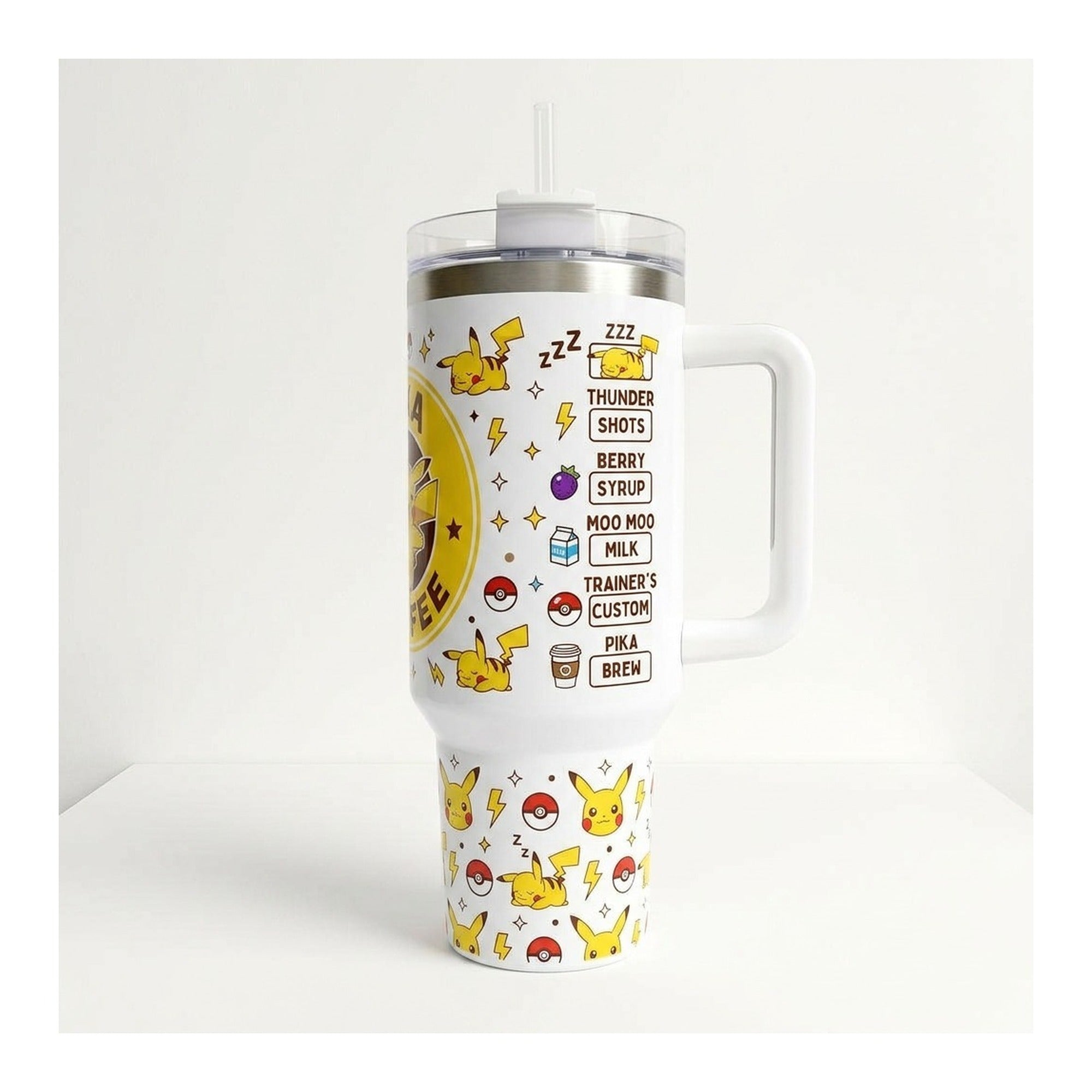 Vaso térmico tumbler 40 oz Pikachu Coffee con asa y bombilla