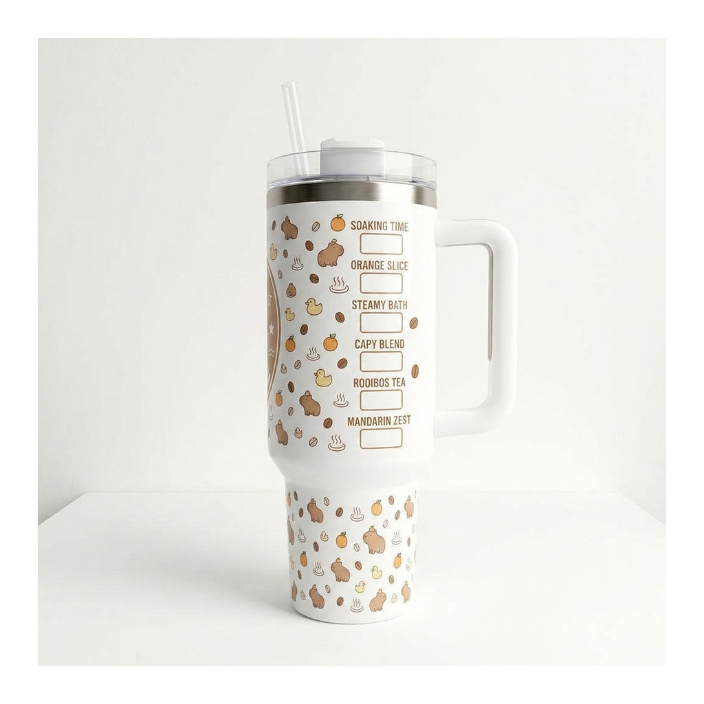 Vaso térmico tumbler 40 oz Capibara Coffee con asa y bombilla