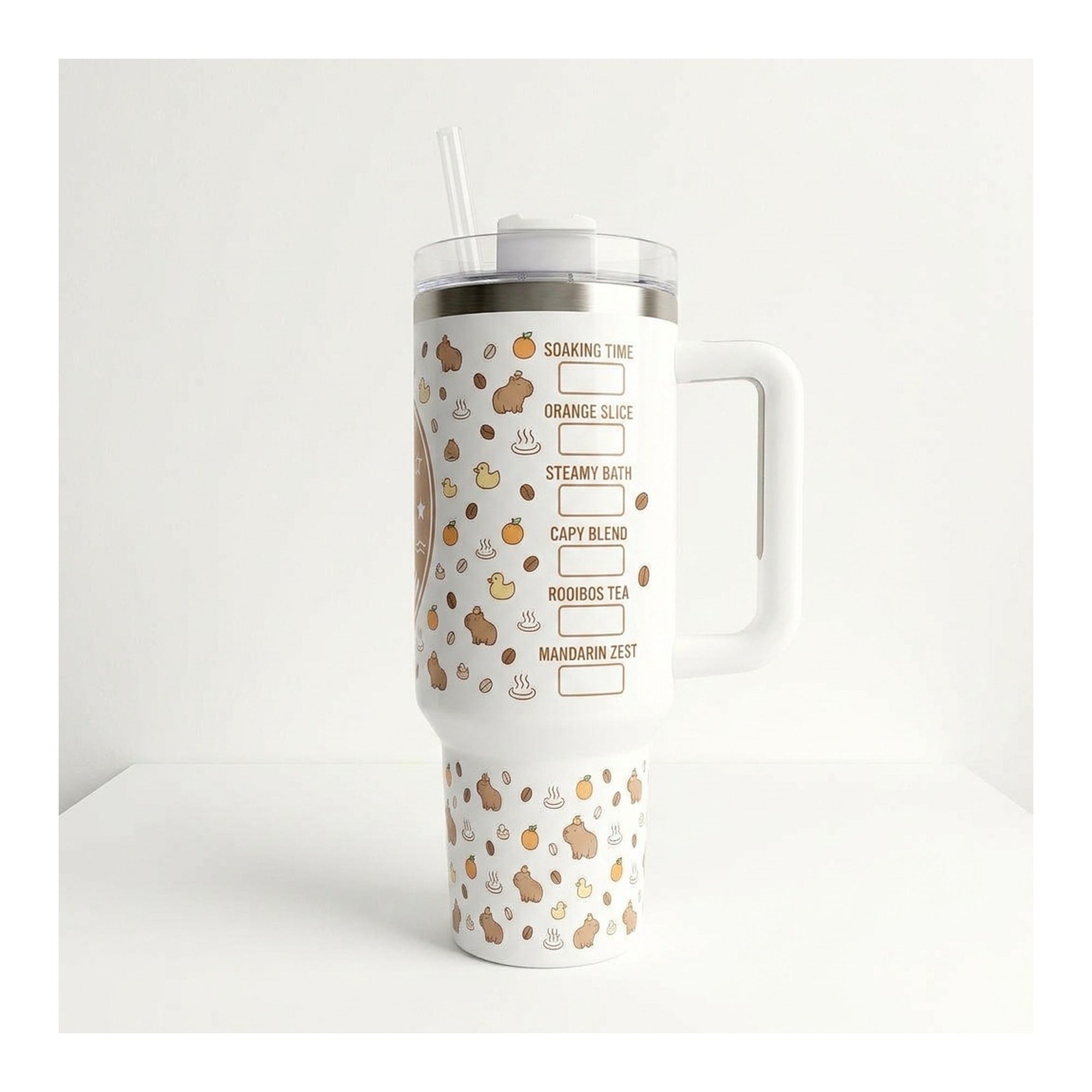 Vaso térmico tumbler 40 oz Capibara Coffee con asa y bombilla