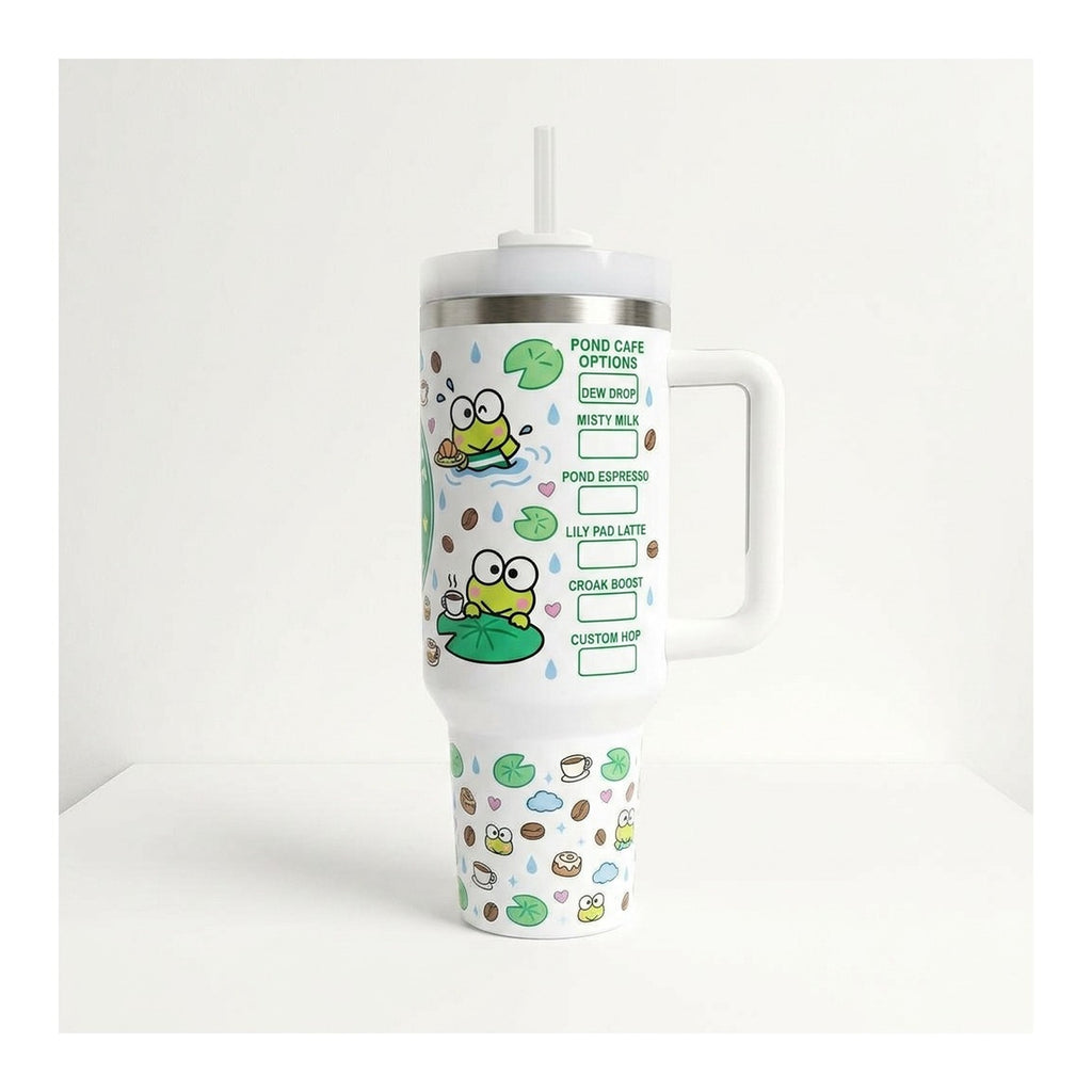 Vaso térmico tumbler 40 oz Keroppi Coffee con asa y bombilla