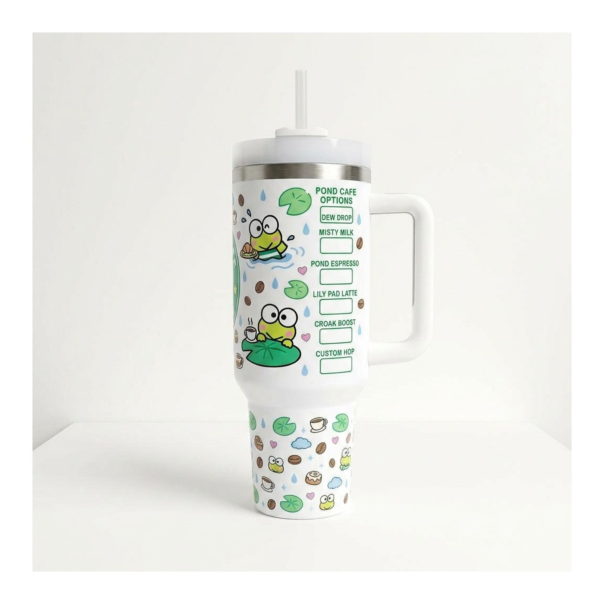 Vaso térmico tumbler 40 oz Keroppi Coffee con asa y bombilla