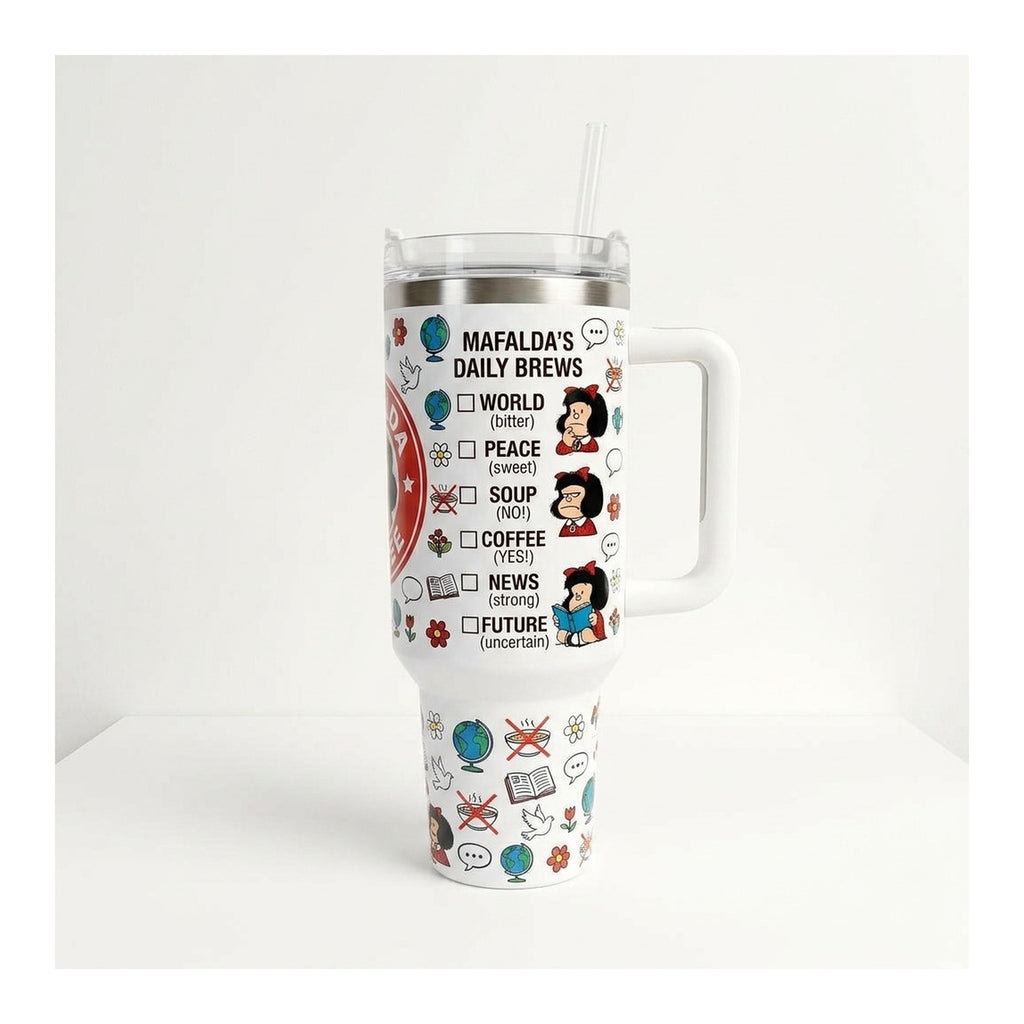 Vaso térmico tumbler 40 oz Mafalda Coffee con asa y bombilla