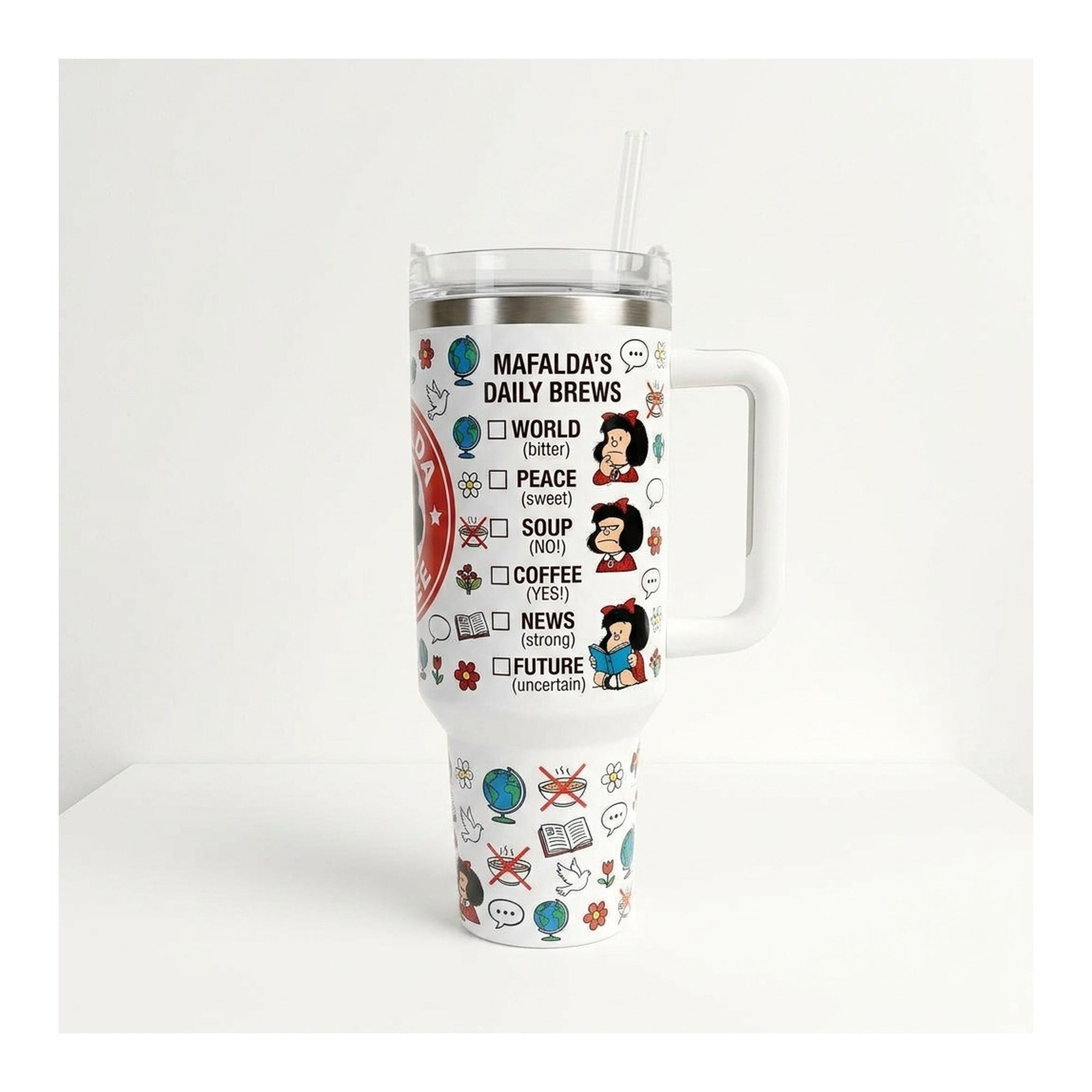 Vaso térmico tumbler 40 oz Mafalda Coffee con asa y bombilla