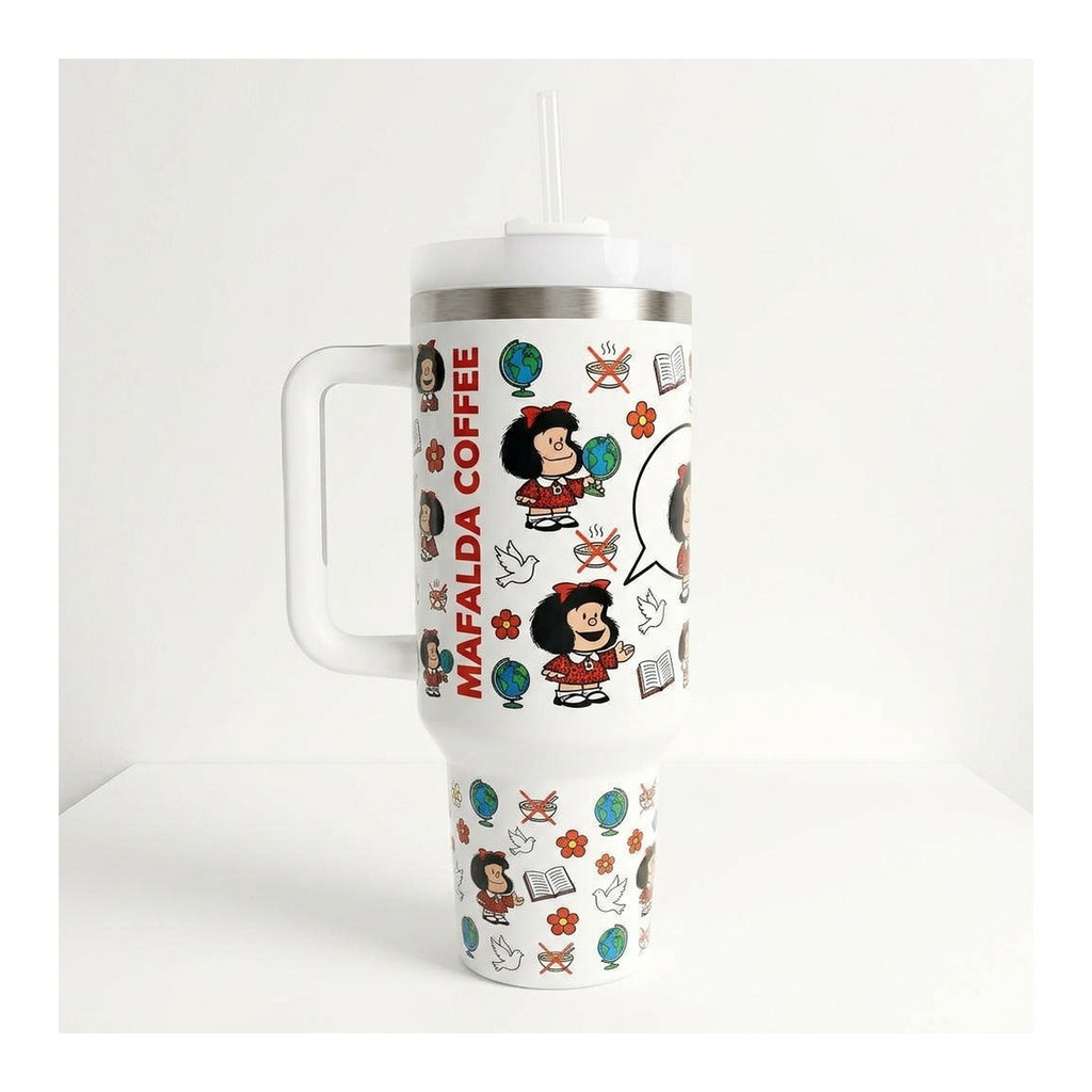 Vaso térmico tumbler 40 oz Mafalda Coffee con asa y bombilla