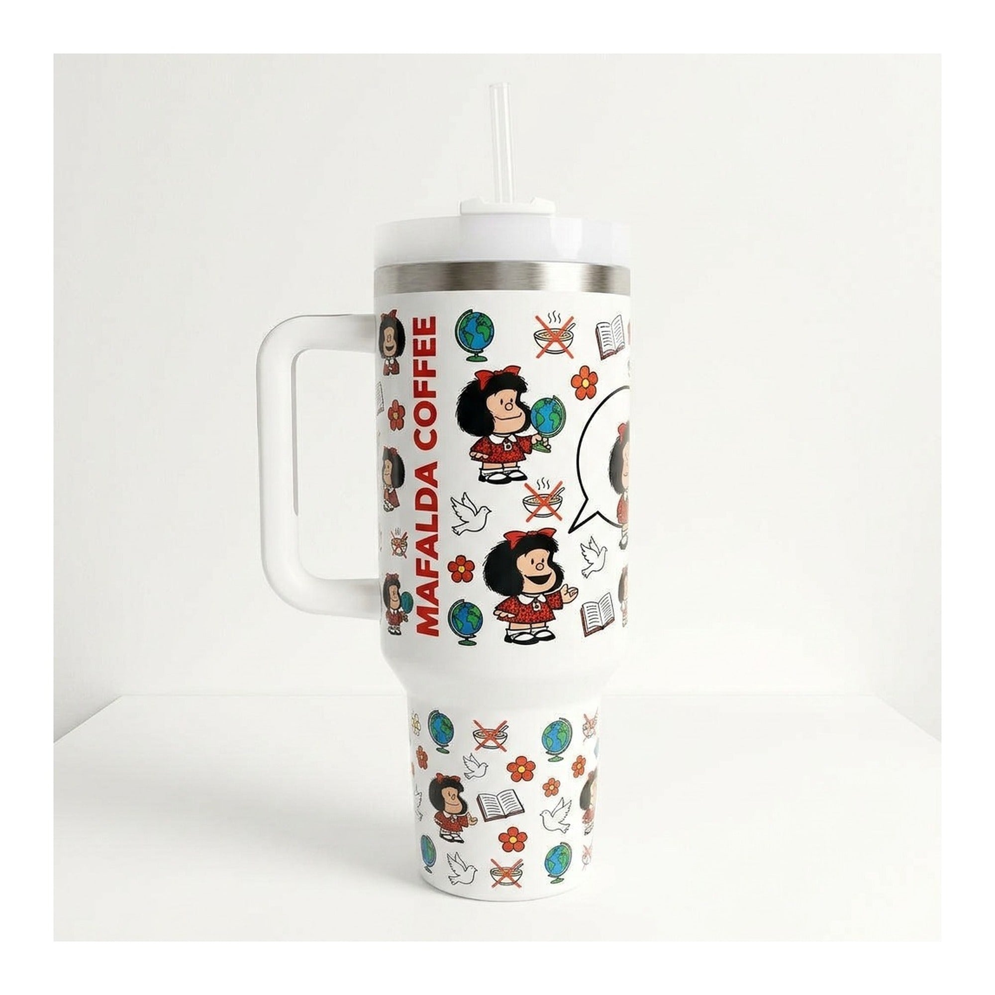 Vaso térmico tumbler 40 oz Mafalda Coffee con asa y bombilla