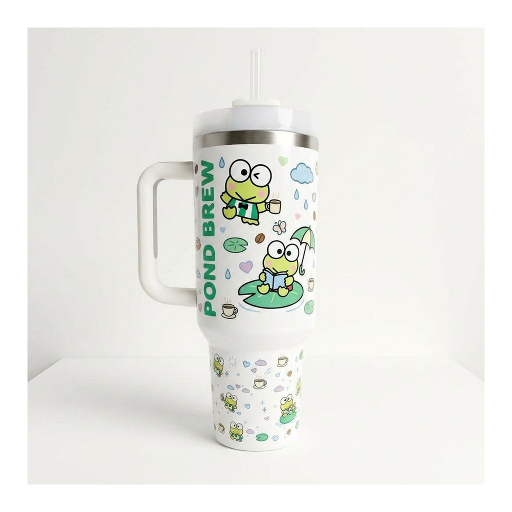Vaso térmico tumbler 40 oz Keroppi Coffee con asa y bombilla