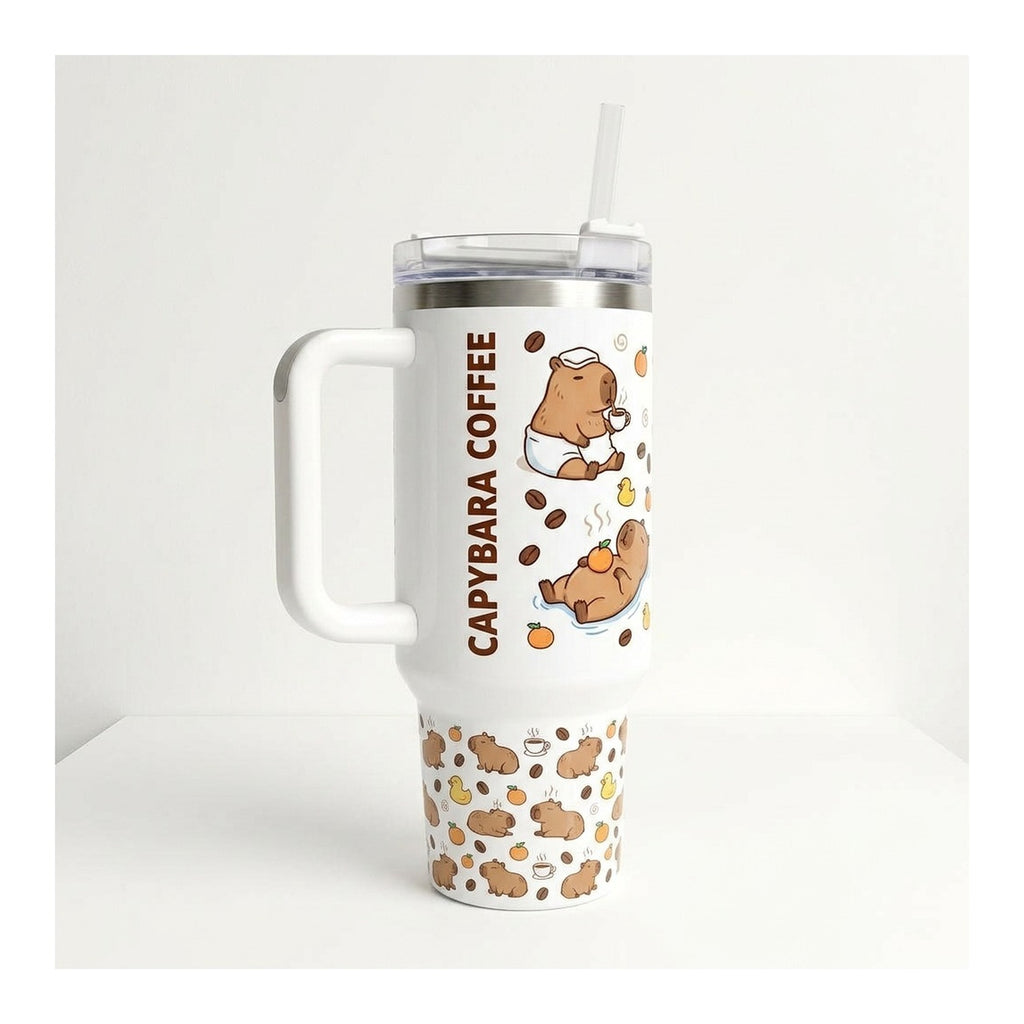 Vaso térmico tumbler 40 oz Capibara Coffee con asa y bombilla