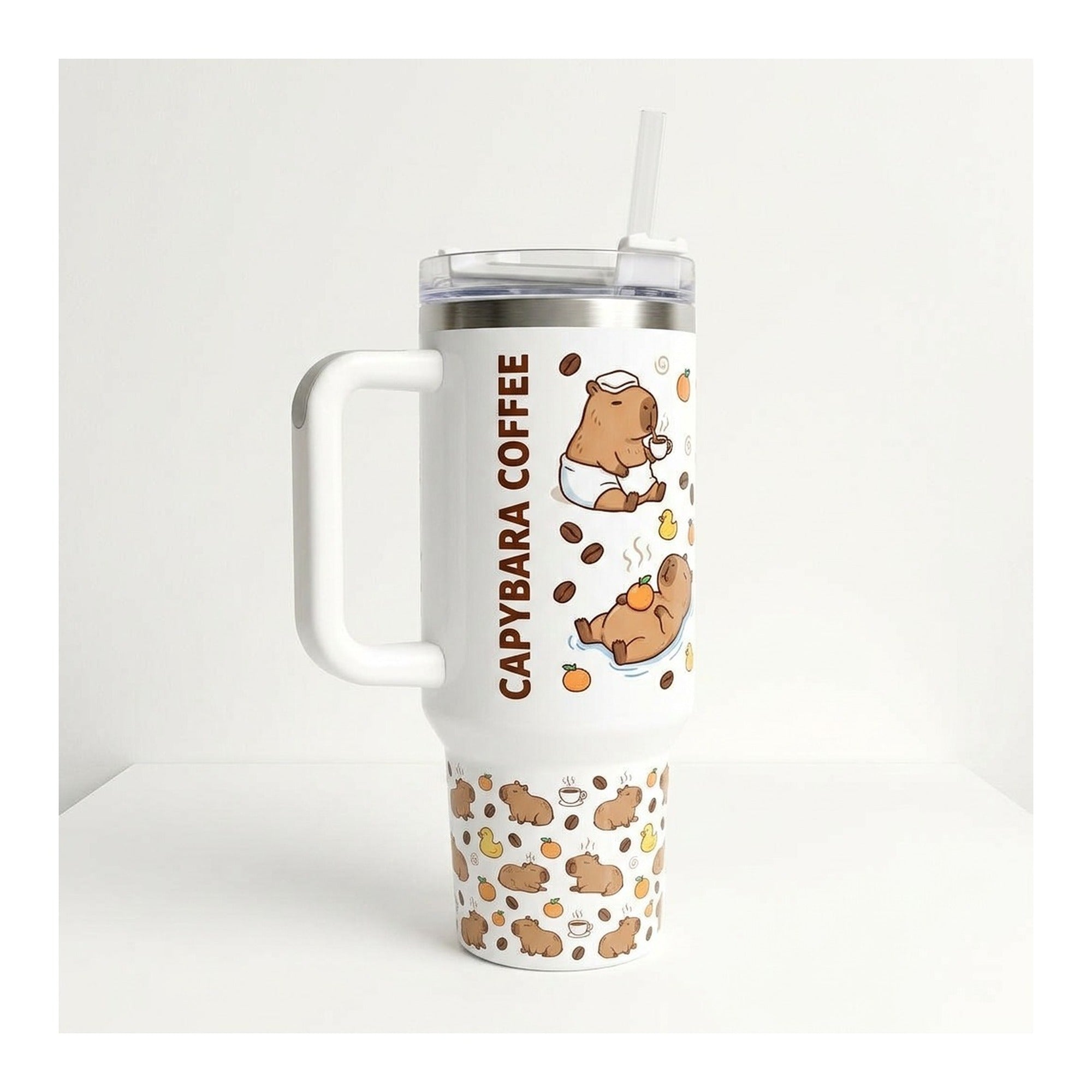 Vaso térmico tumbler 40 oz Capibara Coffee con asa y bombilla