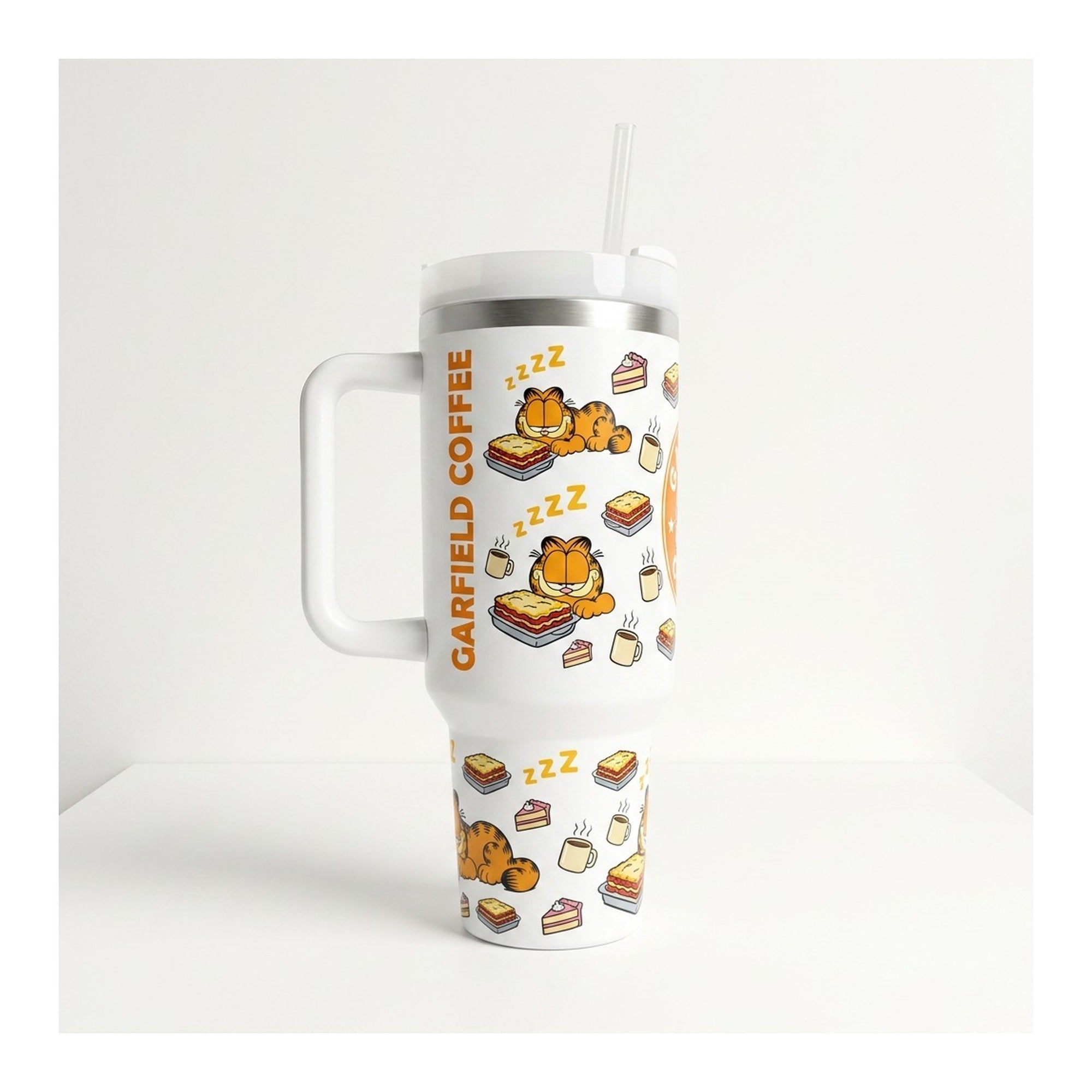 Vaso térmico tumbler 40 oz Garfield Coffee con asa y bombilla