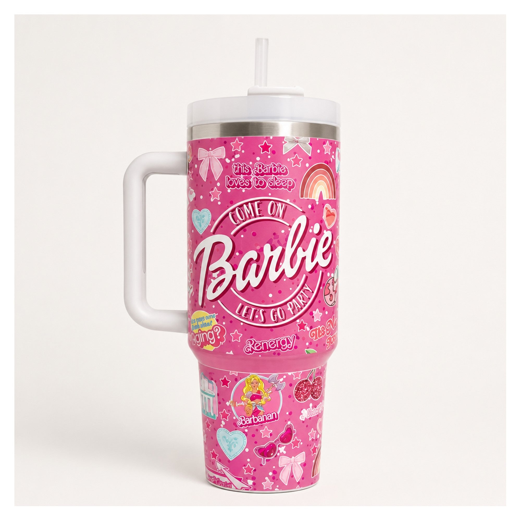 tumbler térmico 40 oz rosa barbie con asa resistente