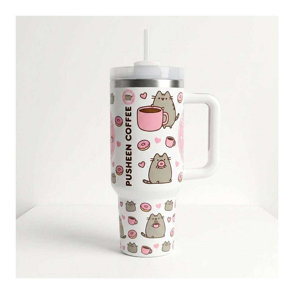 Vaso térmico tumbler 40 oz Pusheen Coffee con asa y bombilla