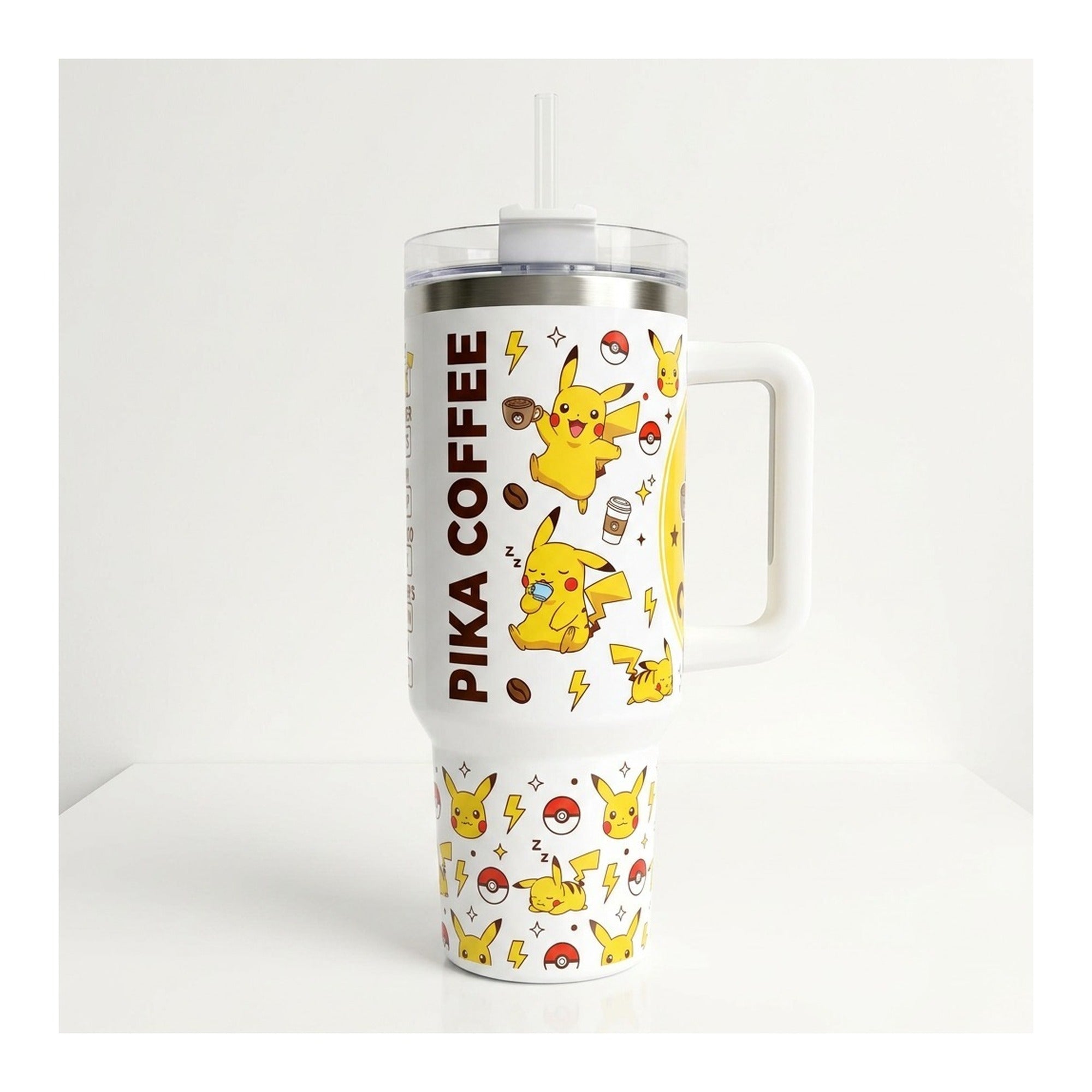 Vaso térmico tumbler 40 oz Pikachu Coffee con asa y bombilla