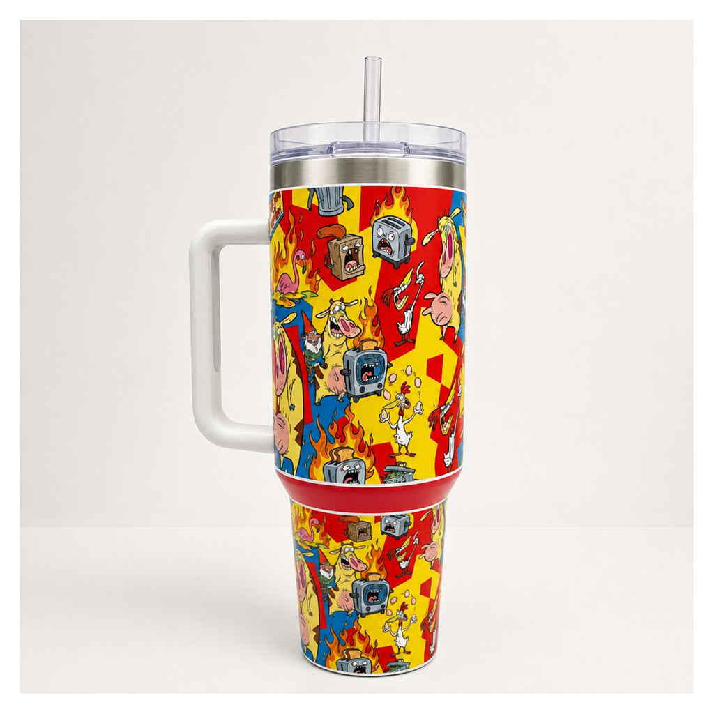 Tumbler La Vaca y El Pollito 40oz diseño fuego retro