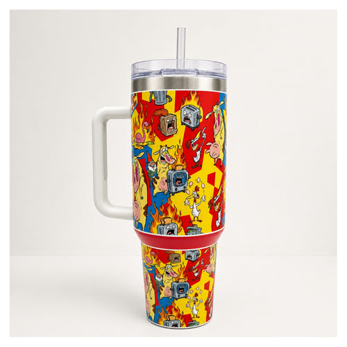 Tumbler La Vaca y El Pollito 40oz diseño fuego retro