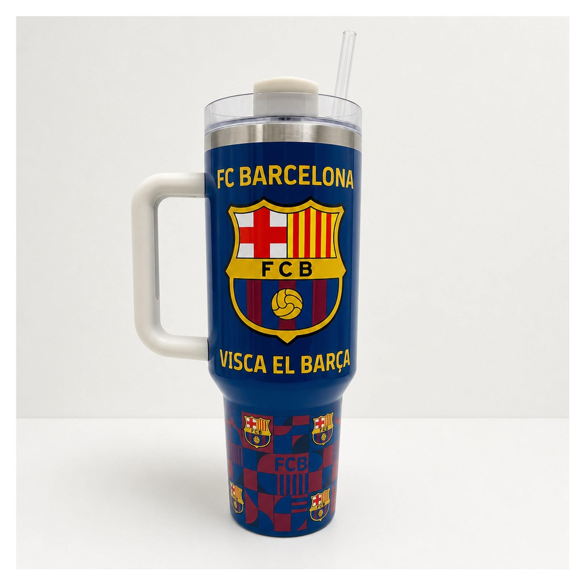 vaso térmico fc barcelona azul 500 ml con tapa y bombilla